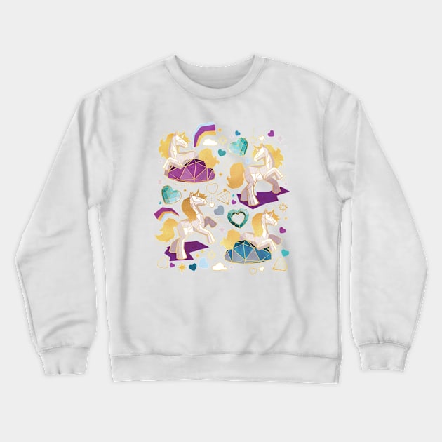 Kicking off some magic // print // navy blue background white and grey unicorns violet blue and aqua hearts clouds and rainbows golden lines Crewneck Sweatshirt by SelmaCardoso